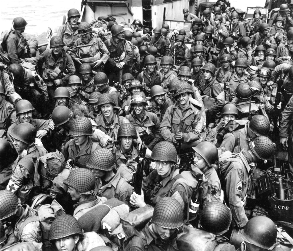 black and white photo of soldiers on a LCT being brought in to D-Day.