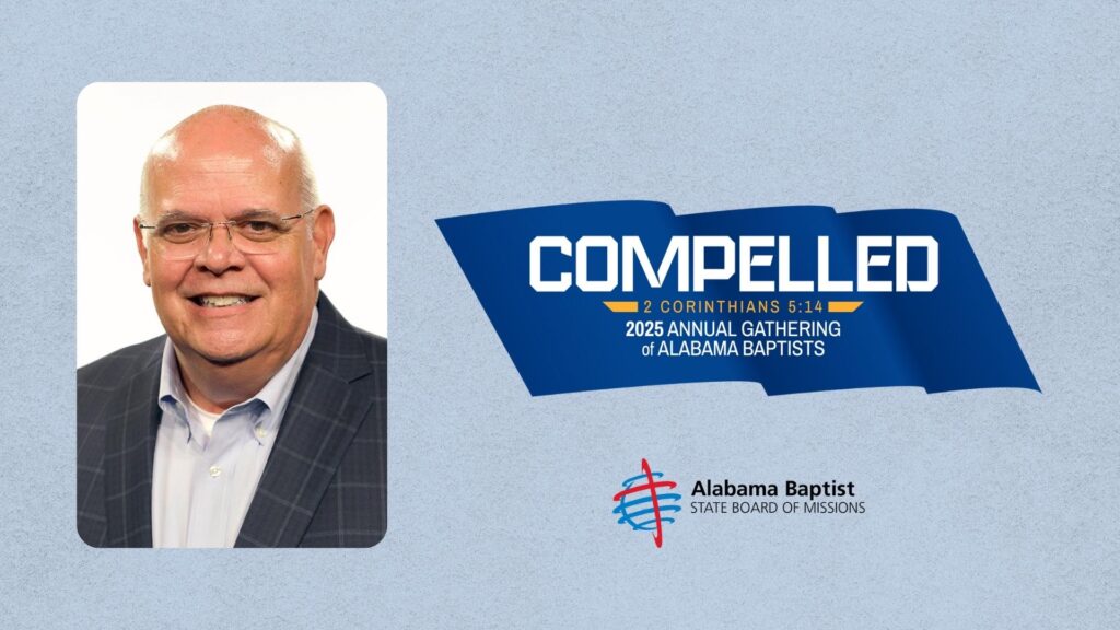 Headshot of Craig Carlisle on light blue textured background, featuring Compelled logo for the 2025 Annual Gathering of Alabama Baptists and the Alabama Baptist State Board of Missions logo